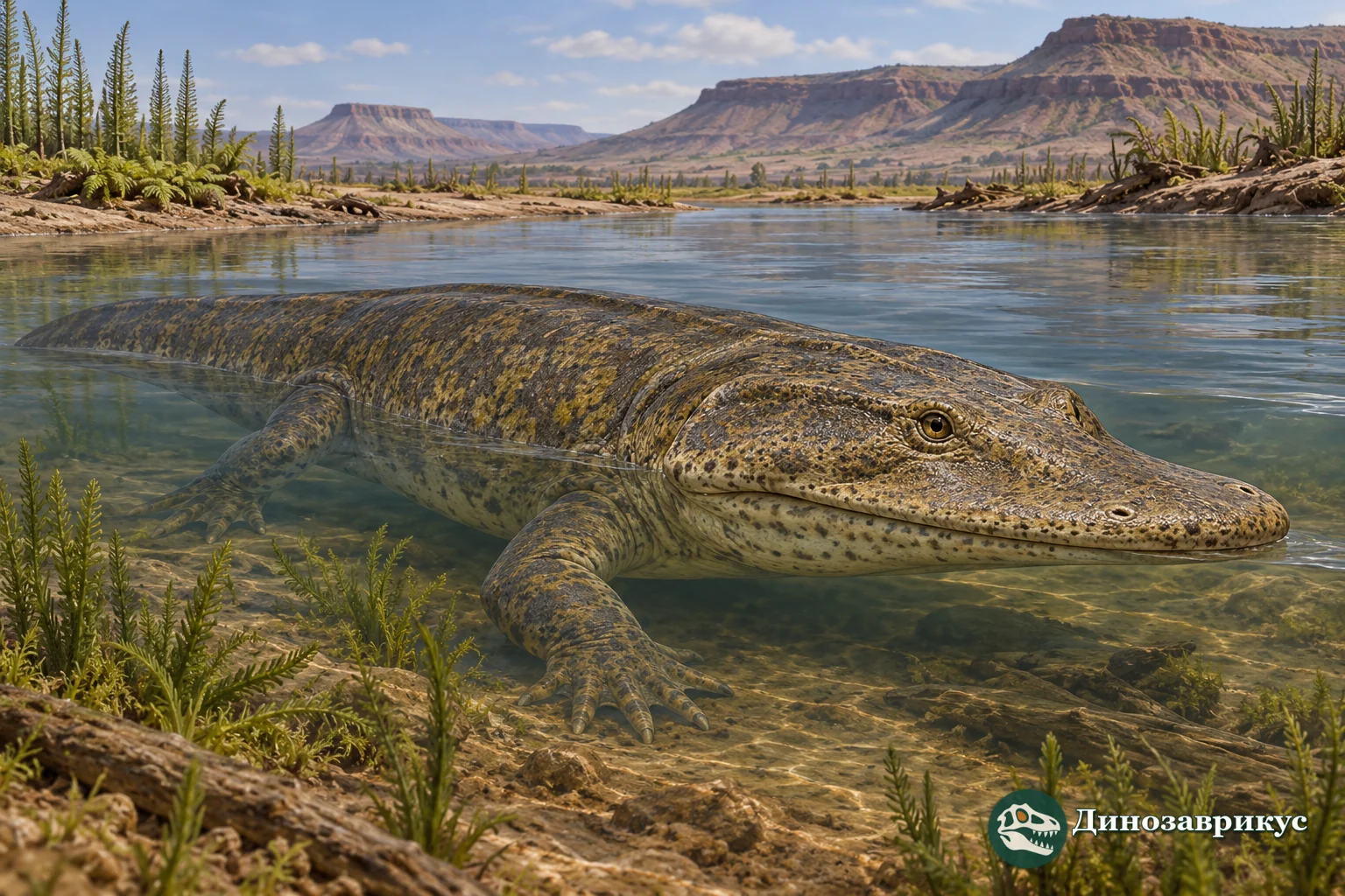 Художественная реконструкция Xenotosuchus в триасовом водоёме Южной Африки