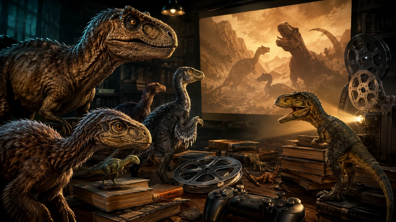 Динозавры исследуют фильмы, игры и книги в культурном архиве